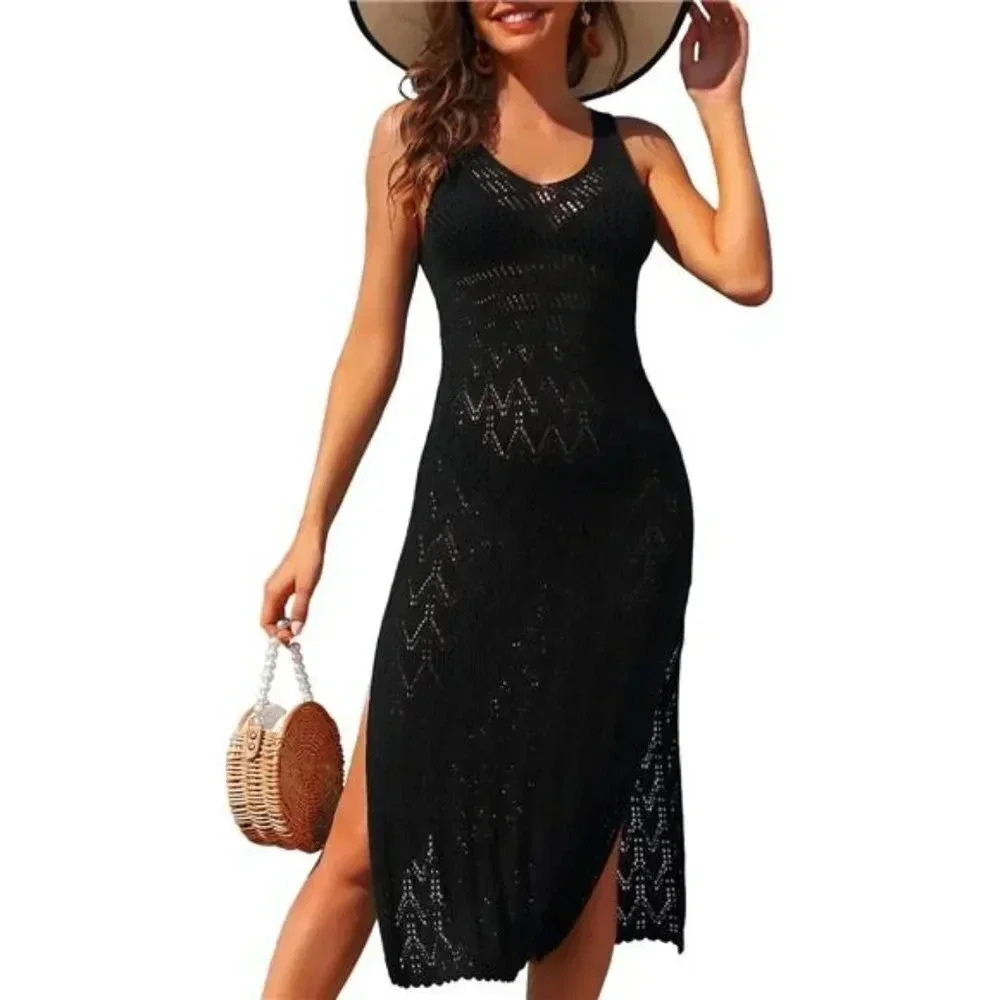 Womens Long Swimsuit Coverup Side Split Beach Crochet Dress Sleeveless Bathing